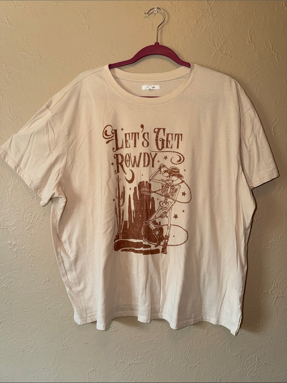 Maurices 2x Graphic Tee with Rust Brown glitter Let’s Get Rowdy light tan/cream